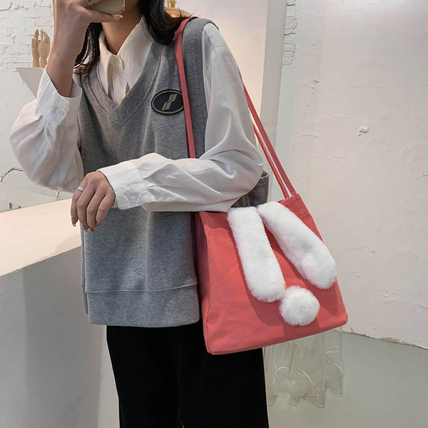 Bolsa de Lona para Mujer con Diseño de Conejo Kawaii - Bolso de Hombro Grande