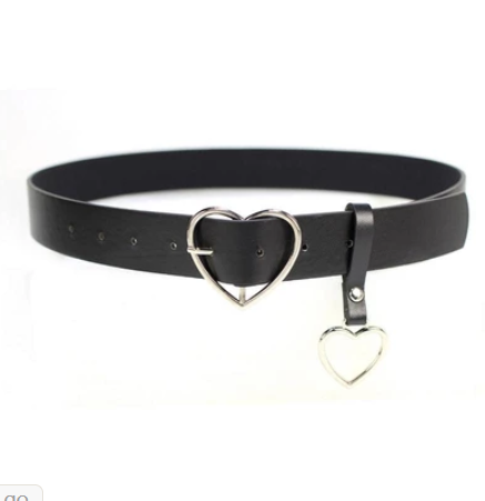 Black imitation leather belt with a silver heart-shaped pin buckle and a dangling silver heart charm. - Image 5