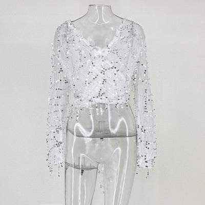 Blusa de Fiesta con Lentejuelas y Flecos - Escote V Manga Larga Sexy - Image 6