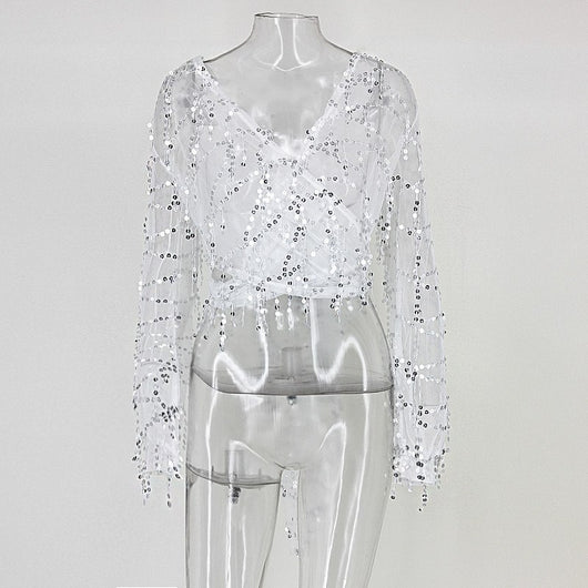 Blusa de Fiesta con Lentejuelas y Flecos - Escote V Manga Larga Sexy - Image 6
