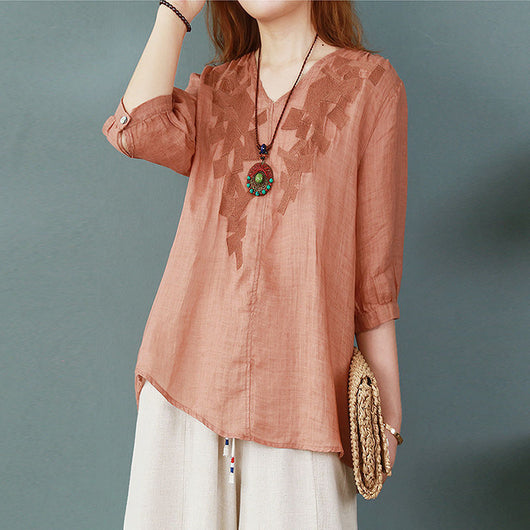 Blusa Larga Atrás Corta Adelante de Algodón y Lino con Bordado para Mujer - Image 9