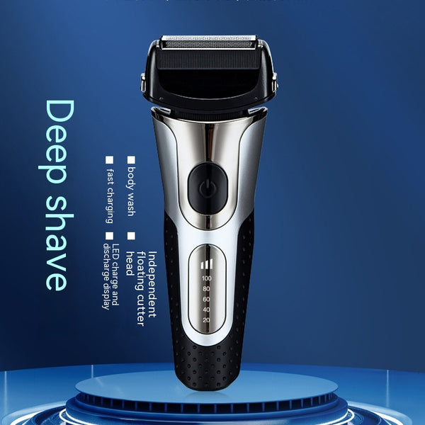Black and silver men's electric shaver with a three-bit floating head and LED battery display.