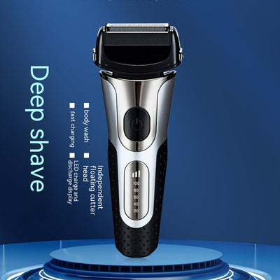 Black and silver men's electric shaver with a three-bit floating head and LED battery display.