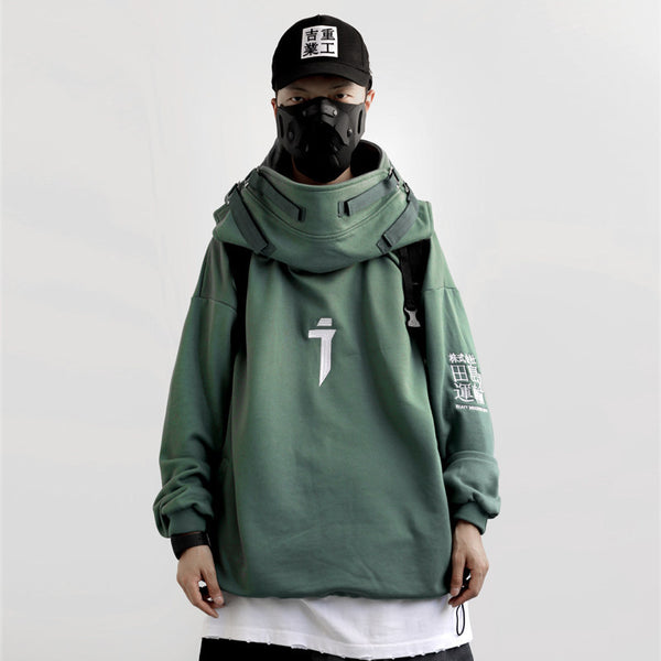 Chaqueta Hoodie Hip-Hop Oversize con Cuello Alto y Detalles Militares