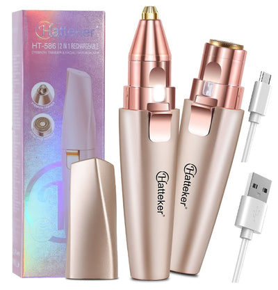 Two mint green and rose gold 2-in-1 electric eyebrow shaping devices with USB cables and packaging. - Image 19