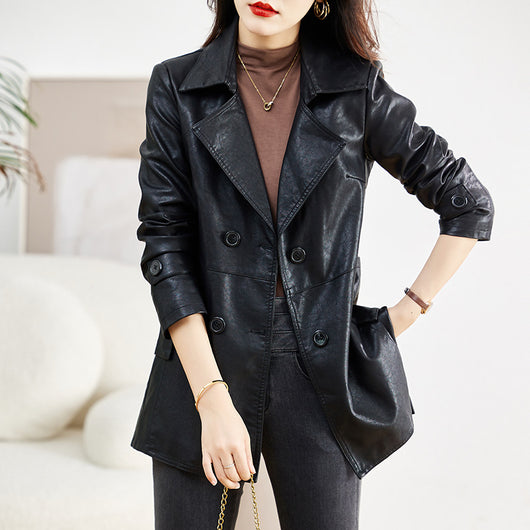 Abrigo de Cuero para Mujer Largo Primavera y Otoño