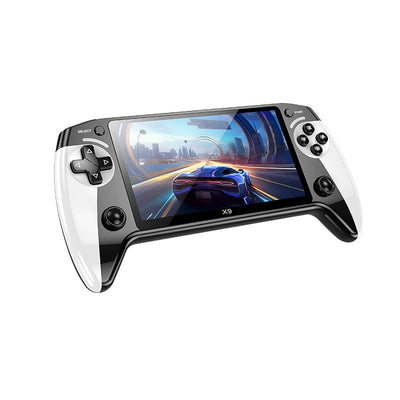 Black and white X9 portable handheld gaming console with a large screen displaying a racing game. - Image 3