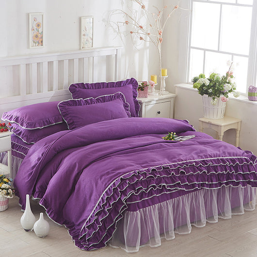 Juego de Cama Princesa con Encaje - Cubrecama Estilo Falda de Cama Cuatro Piezas Color Sólido - Image 15