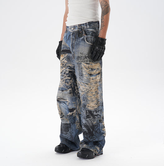 Pantalones Vaqueros Rectos con Estampado 3D Efecto Graffiti Rasgado - Image 10