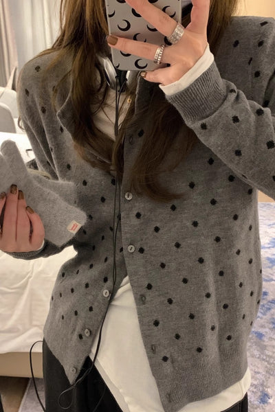 Cardigan Tejido Gris con Lunares Estilo Coreano - Manga Larga Otoño - Image 10