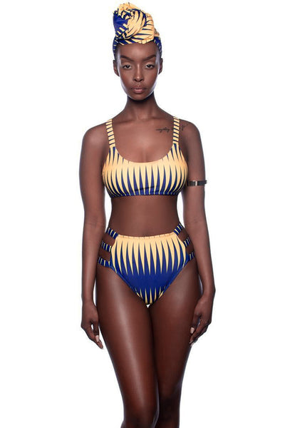 Women's blue and yellow geometric print bikini with high-waisted bottoms and a matching sheer kimono cover-up. - Image 18