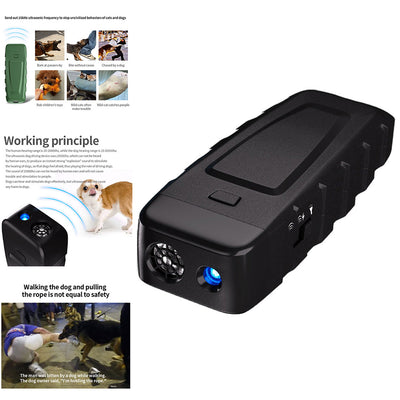 Black and orange handheld ultrasonic dog training device with a Type-C charging port and an orange button.