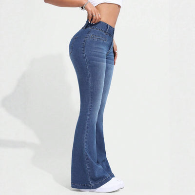 Pantalón Retro Azul Acampanado Tiro Bajo Efecto Denim - Image 3