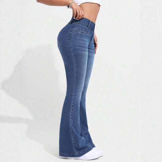 Pantalón Retro Azul Acampanado Tiro Bajo Efecto Denim - Image 3