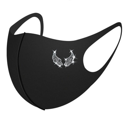 Black face mask with a white rhinestone 'Queen' text and crown design, featuring ear loops. - Image 2