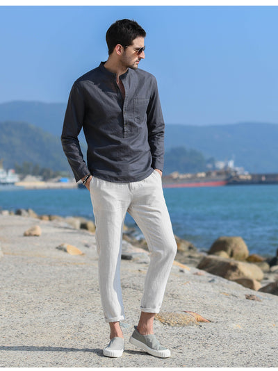 Camisa Casual de Lino y Algodón con Cuello Mao para Hombre - Image 14
