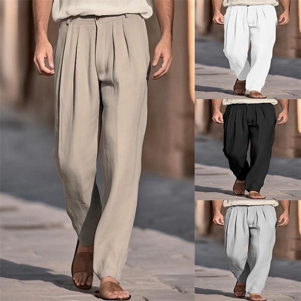 Pantalones de Lino Holgados con Pliegues y Bolsillos Frontales