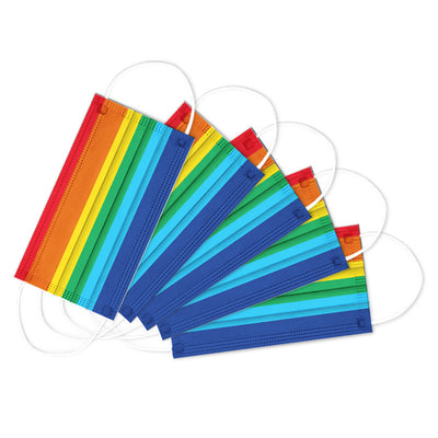 Five disposable face masks fanned out, each featuring a vibrant rainbow stripe pattern with white ear loops. - Image 6