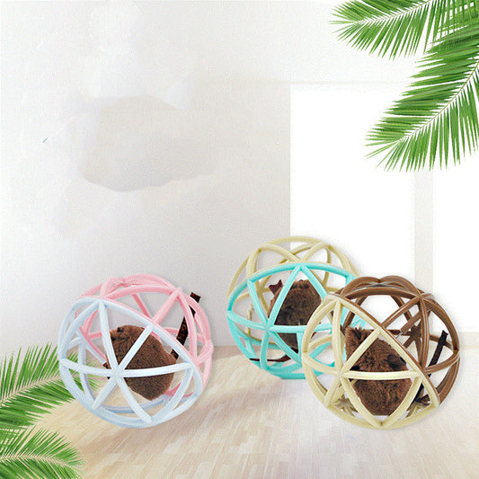 Beige plastic spherical cage pet toy with a brown furry mouse inside, designed for cats.