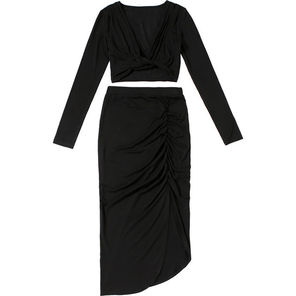 Conjunto Elegante: Blusa V-Escote Manga Larga + Falda Larga Ajustada