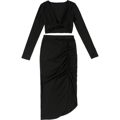 Conjunto Elegante: Blusa V-Escote Manga Larga + Falda Larga Ajustada - Image 2