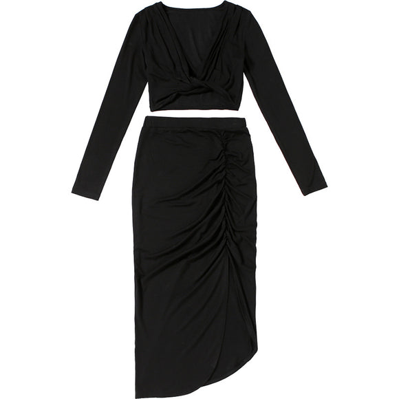 Conjunto Elegante: Blusa V-Escote Manga Larga + Falda Larga Ajustada