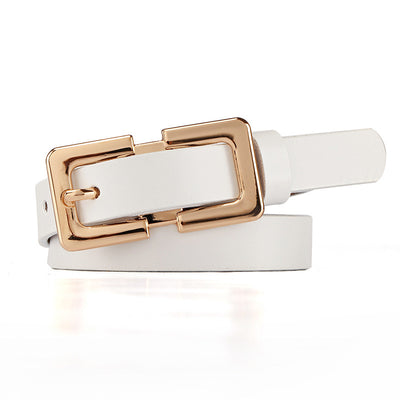 Thin dark brown cowhide leather belt with a gold-colored rectangular pin buckle on a white background. - Image 15
