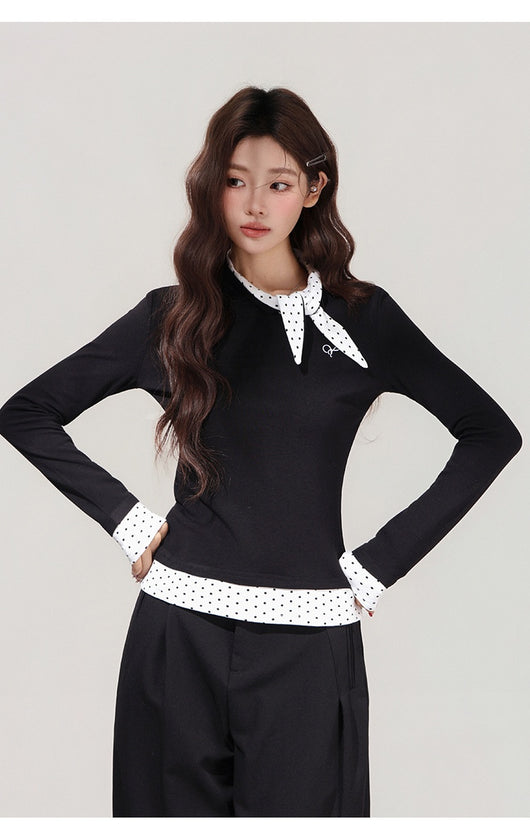 Blusa Negra con Lunares y Moño - Efecto Dos Piezas, Manga Larga - Image 14