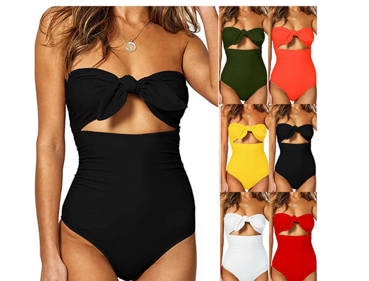 Bright yellow one-piece swimsuit with a strapless bandeau top, front tie-knot, and a cutout detail. - Image 4