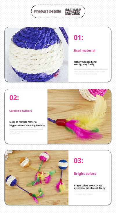Four sisal ball cat toys with colorful feathers in pink, purple, blue, and teal stripes, for playing and grinding claws. - Image 23