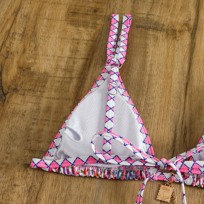 Retro 4-color printed women's bikini with red, blue, and white paisley pattern, featuring a triangle top and high-cut bottom. - Image 33