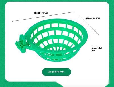 Green plastic bird nest with a grid design and an attached clip, measuring approximately 17.5cm wide. - Image 13
