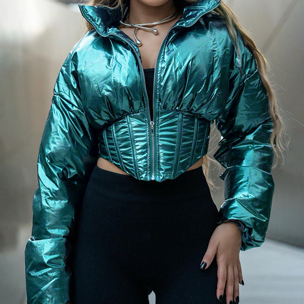 Chaqueta de Algodón Abrigada Estilo Locomotora con Cintura Moldeadora y Cierre Irregular