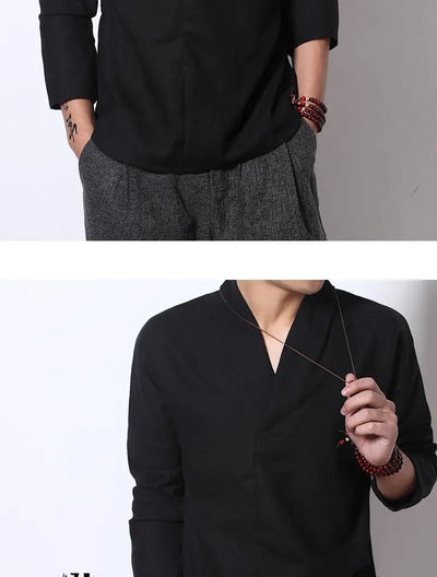 Camisa Lino Manga Larga Estilo Chino Retro para Hombre - Image 15