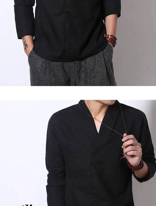 Camisa Lino Manga Larga Estilo Chino Retro para Hombre - Image 15