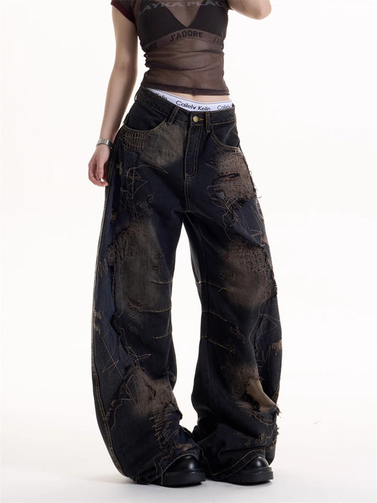 Jeans Rotos Tie-Dye Negro Estilo Retro Hot Girl - Image 4