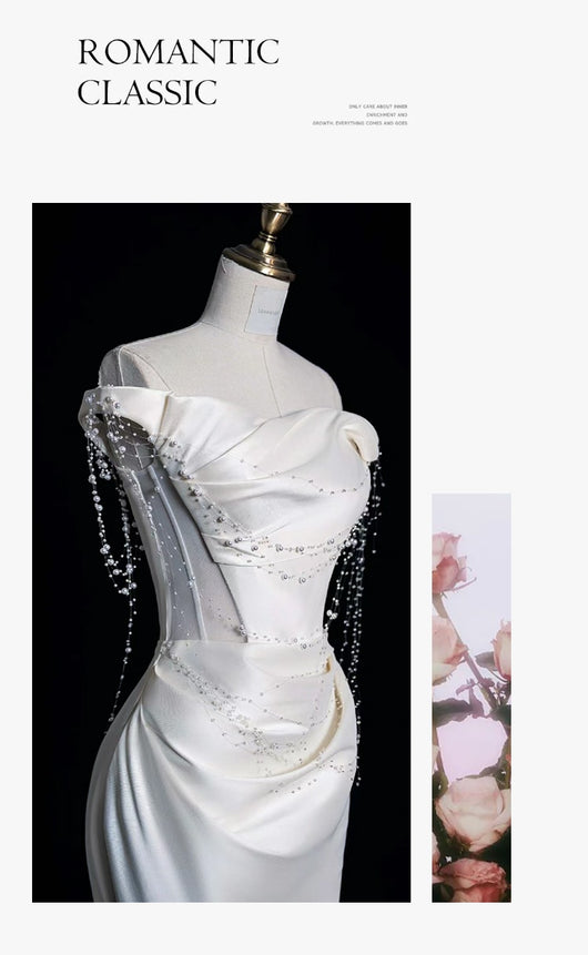 Vestido de Fiesta Satinado Hombros Descubiertos con Perlas - Image 15