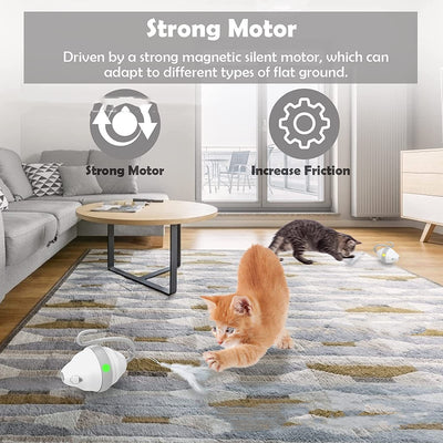 Golden-brown cat playing with a white and grey automatic rolling mouse cat toy with feather-like streamers on a wood floor. - Image 8