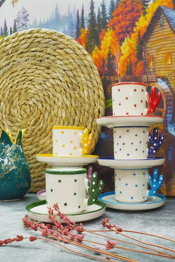 Juego de 6 Tazas Turcas Artesanales con Diseño Cactus Boho