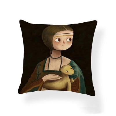 Funda de Almohada Estampada Niña Caricatura Cojín Pintura al Óleo Tela Mixta - Image 16