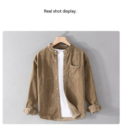 Camisa Retro de Pana para Hombre con Cuello Mao de Manga Larga - Image 9