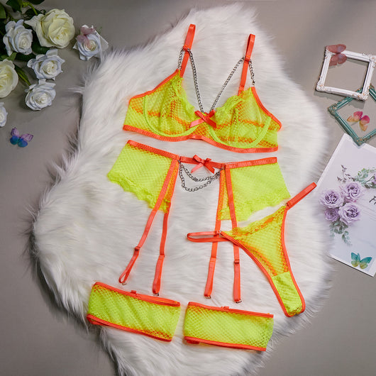 Neon yellow and orange lace lingerie set with chain details, including a bra, garter belt, thong, and armbands. - Image 9