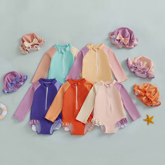 Traje de Baño Infantil de Una Pieza con Mangas Largas y Gorro Integrado