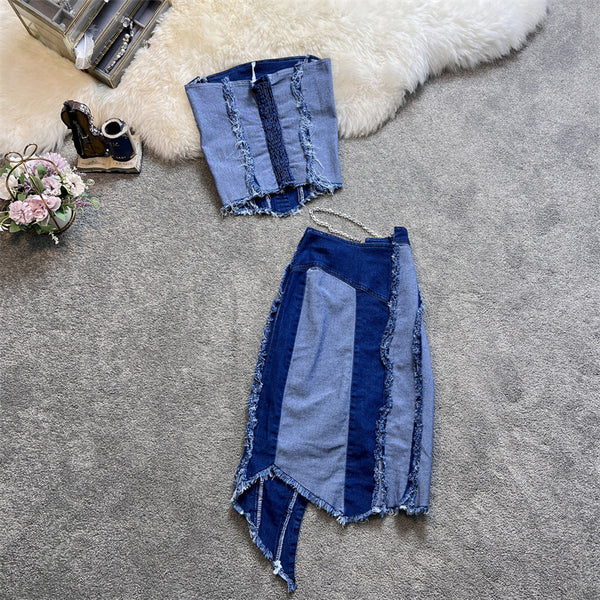 Conjunto Denim Tube Top con Falda Corta Irregular