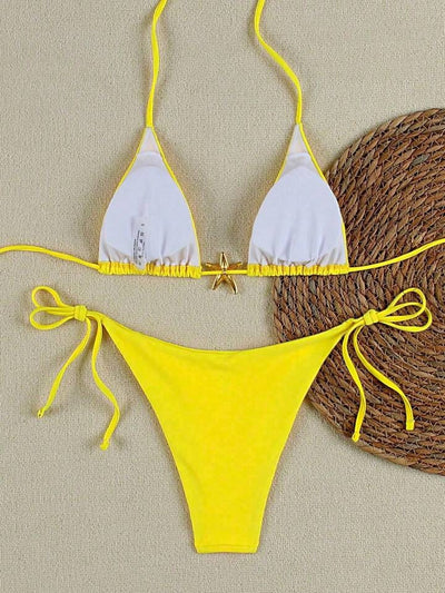 White women's bikini with triangle top and tie-side bottom, featuring a gold starfish charm on the center front. - Image 43