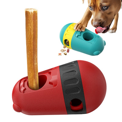 Red and black slow feeder dog toy with a treat dispenser, next to a bulldog playing with a green and yellow version. - Image 15