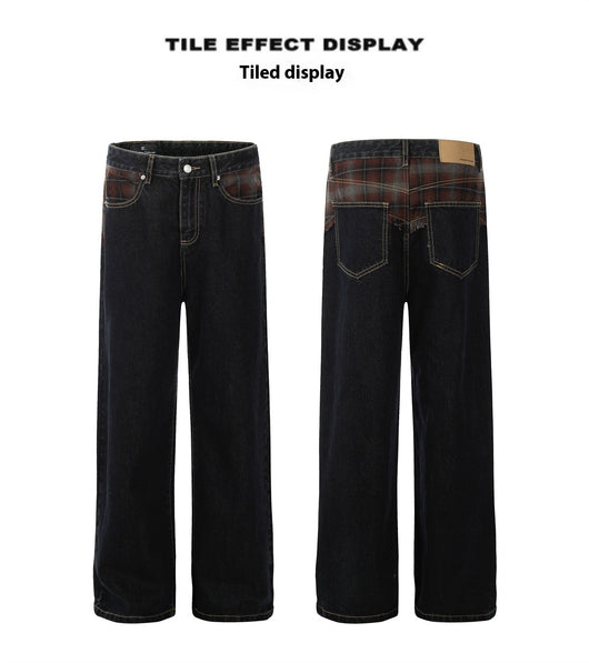 Jeans Retro Patchwork Cuadros Azules para Mujer Corte Recto y Holgado - Image 9
