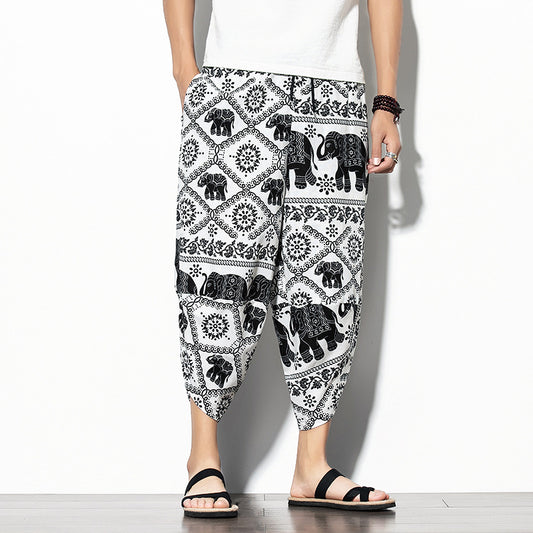 Pantalones Baggy de Algodón y Lino con Estampado - Corte Suelto y Cómodo