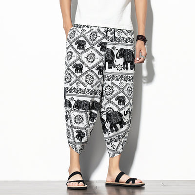 Pantalones Baggy de Algodón y Lino con Estampado - Corte Suelto y Cómodo
