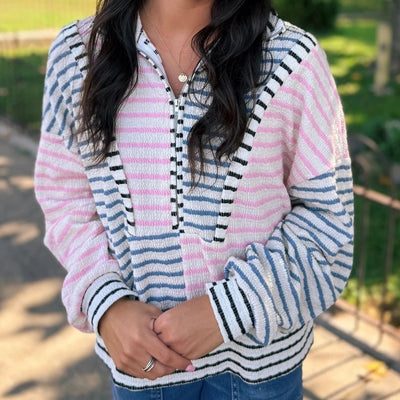 Blusa Oversized Patchwork a Rayas Multicolor con Hombro Caído